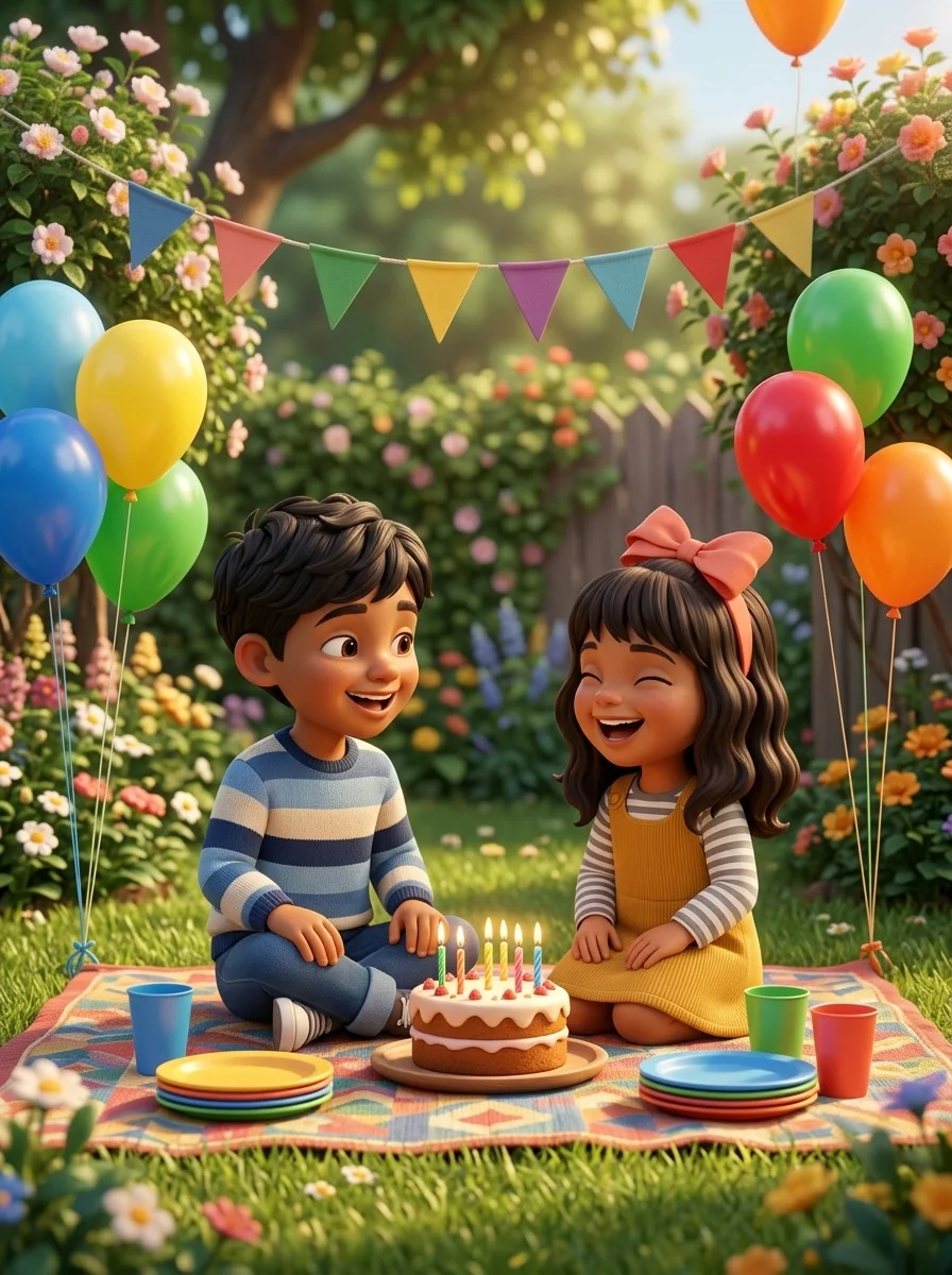 Two children at a garden birthday picnic with balloons and a cake