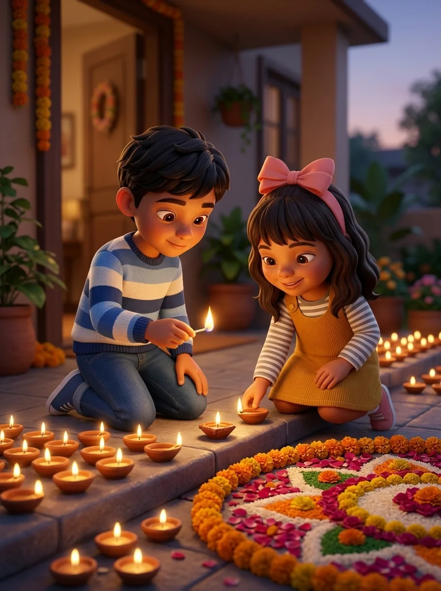 Two children lighting rows of clay diya lamps beside a flower rangoli