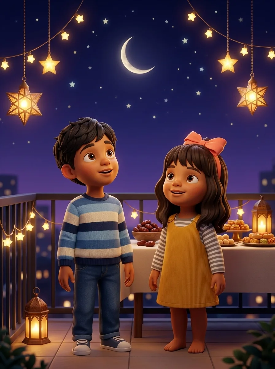 Two children on a balcony looking at a crescent moon among star lanterns