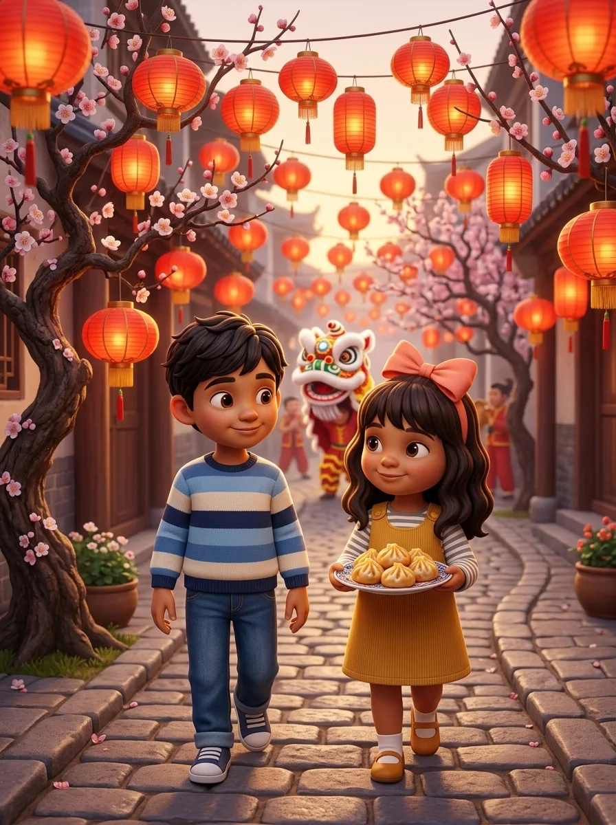 Two children walking down a lane of red lanterns with a plate of dumplings
