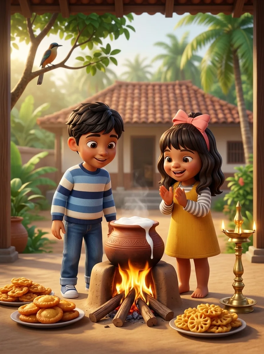 Two children watching a pot of milk boil over on a hearth on New Year morning