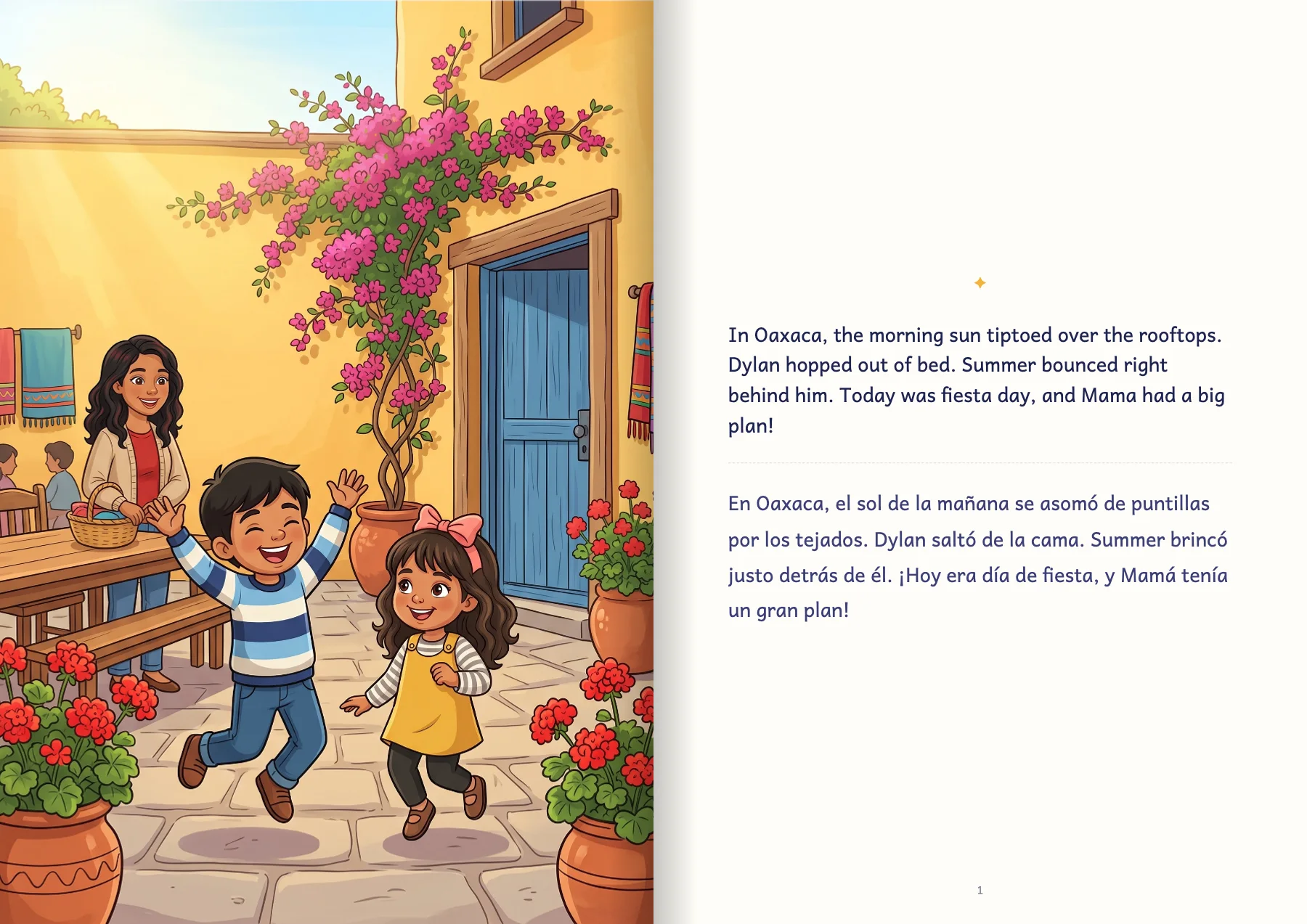 Two facing pages from a family's book set in Oaxaca, in Spanish and English