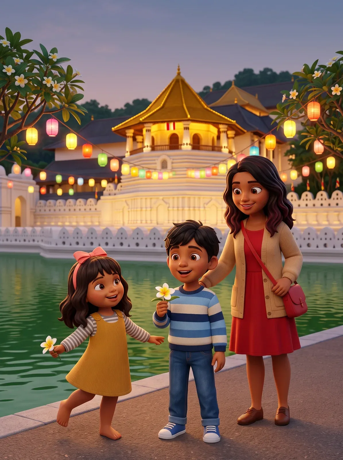 The cover of a Vesak book: two children and their mother by the lake in Kandy at dusk